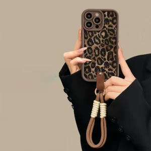 Winter Leopard Print Phone Case with Chain for iPhone 16, 15, 14, 13, 12, 11 Pro Max 1