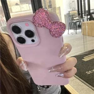 Luxury Rhinestone Bow Litchi Leather Case for iPhone 16, 15, 14, 13, 12, 11 Pro Max 1