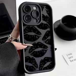 Black Lips Kiss Print Soft Matte Silicone Case for iPhone 16, 15, 14, 13, 12, 11 Pro Max 1