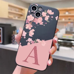 Pink Blossom Letter Case – A to I English Floral Silicone Cover for iPhone 1